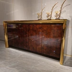 Four-Door Sideboard with High-Gloss Burl Wood Veneer Polished Gold-Finish Stainless Steel Frame and Spacious Shelved Storage
